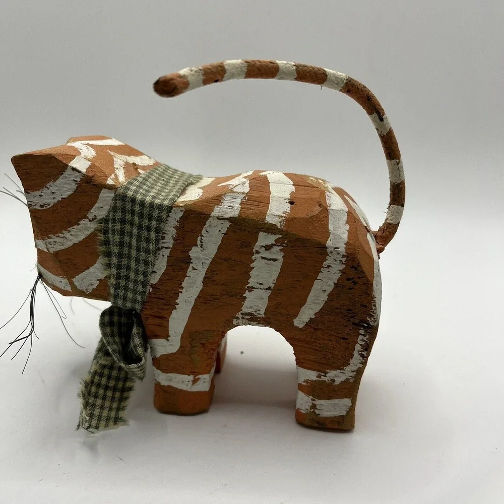 Hand Carved Painted Cat Orange Striped Primitive Folk Art Signed 1998 Whiskers‎